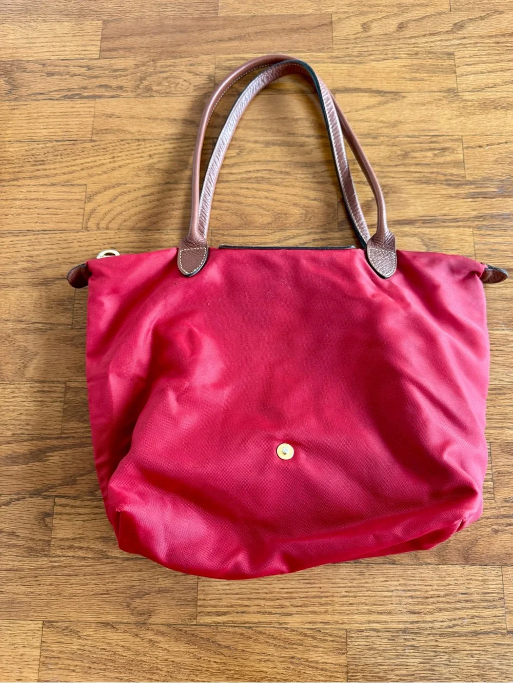 Longchamp Red Le Pliage Tote with Brown Leather Trim